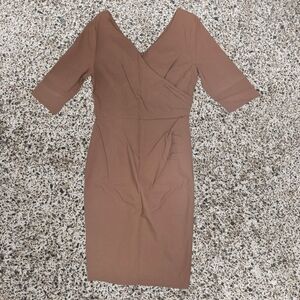 V-Neck Tan Midi Dress with Tailored Waist
